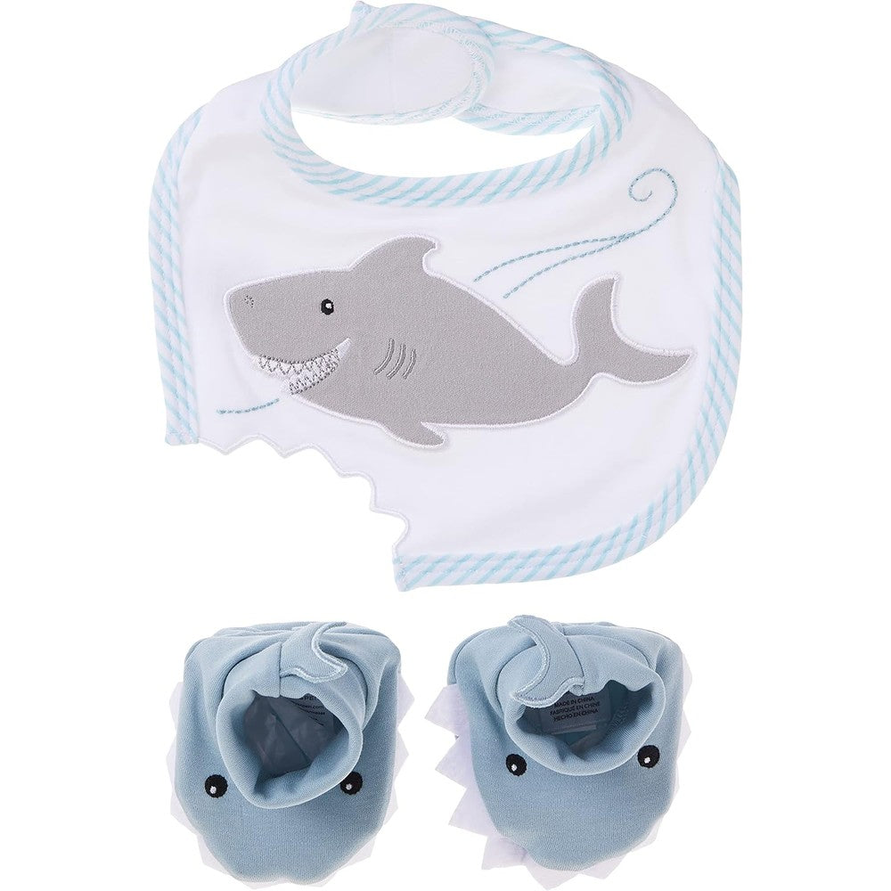 Baby Aspen Chomp and Stomp shark bib and booties gift set front view