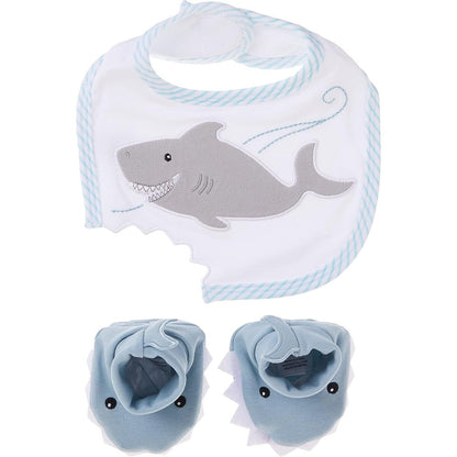 Baby Aspen Chomp and Stomp shark bib and booties gift set front view