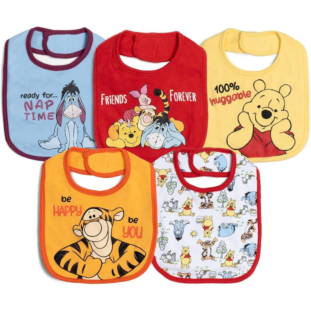 Disney 5 pack baby bibs front view showing character designs
