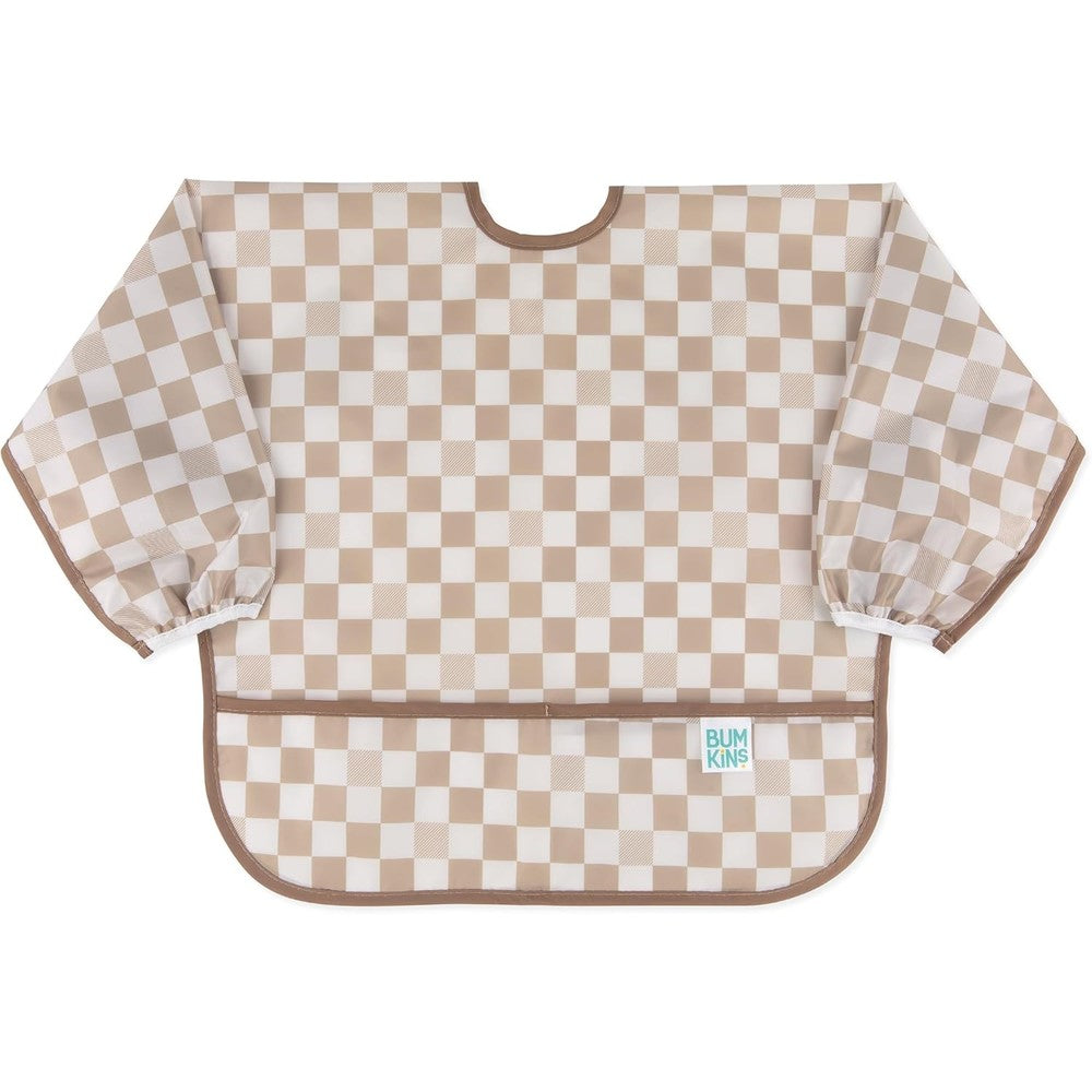 Bumkins Sleeved Bib in Sand Check front view