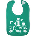 Aiden's Corner St. Patrick's Day baby bib front view featuring Irish lucky charm design.