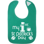 Aiden's Corner St. Patrick's Day baby bib front view featuring Irish lucky charm design.