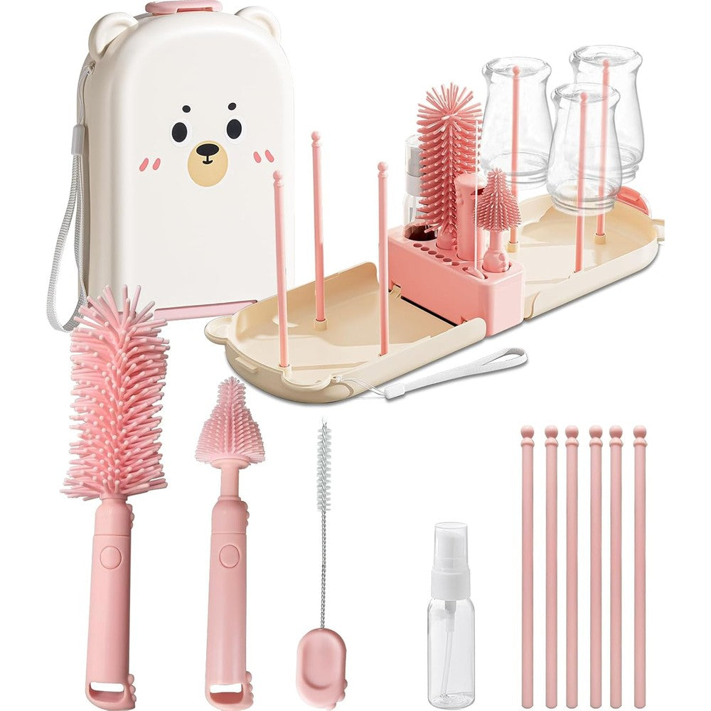PandaEar pink travel baby bottle cleaner kit front view