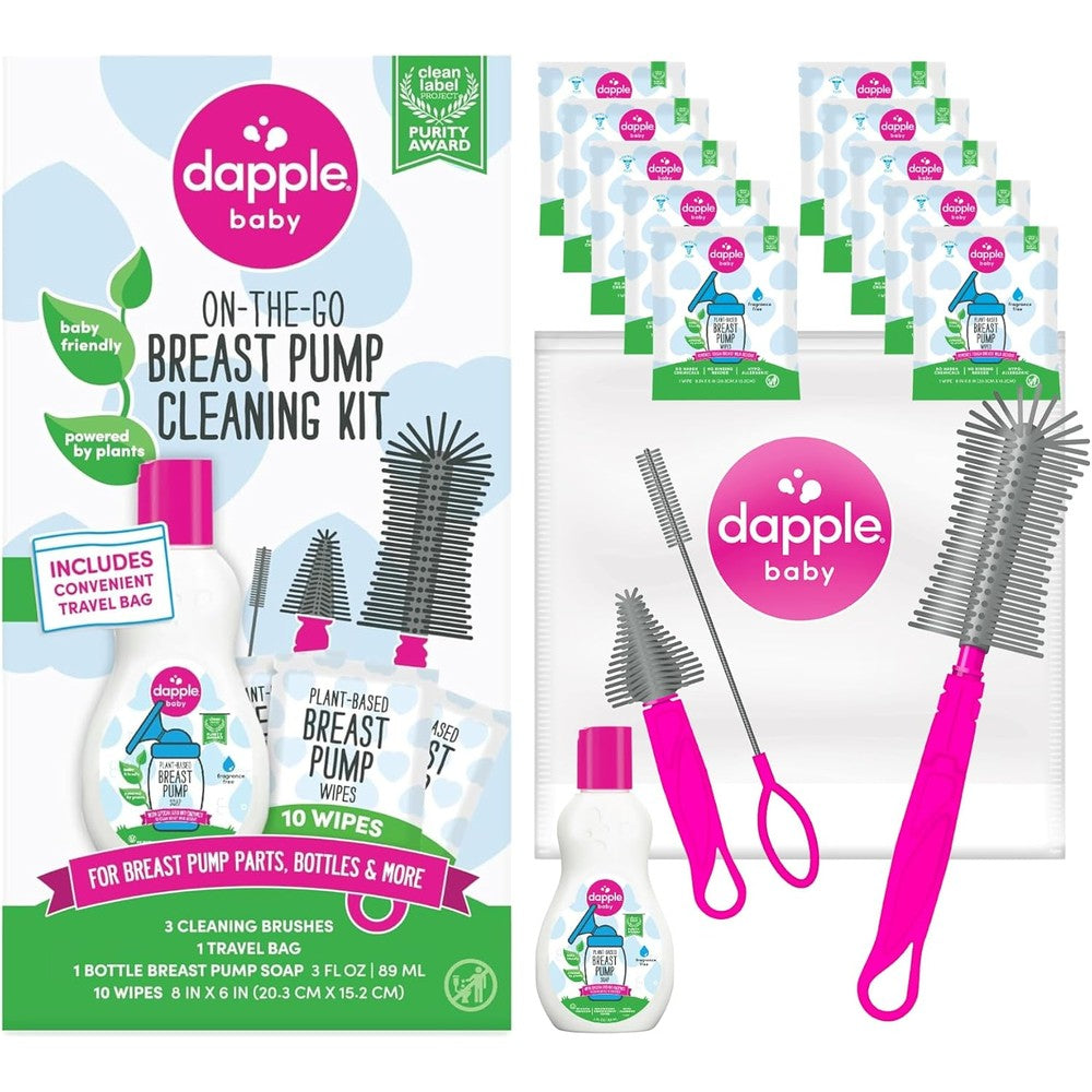 Dapple Breast Pump Cleaning Kit front view with travel brushes and soap