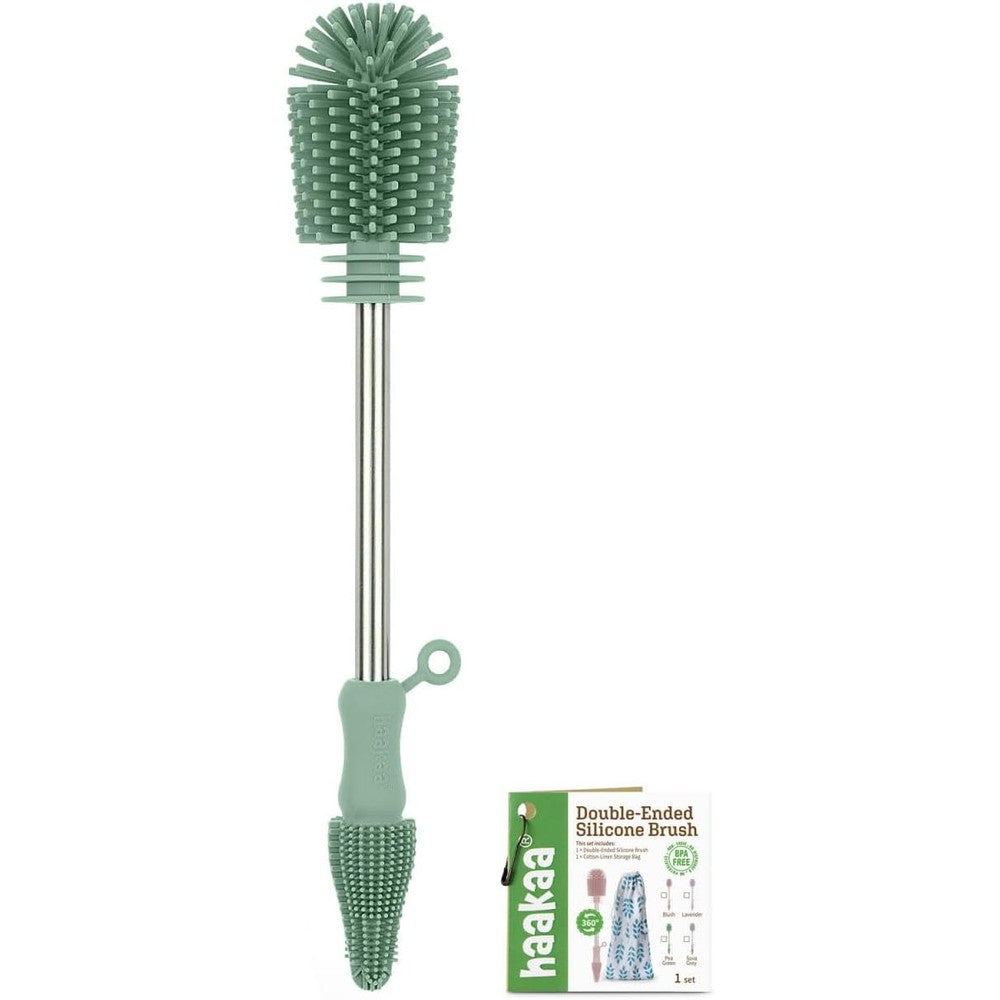 Haakaa double-ended silicone bottle cleaning brush in pea green color