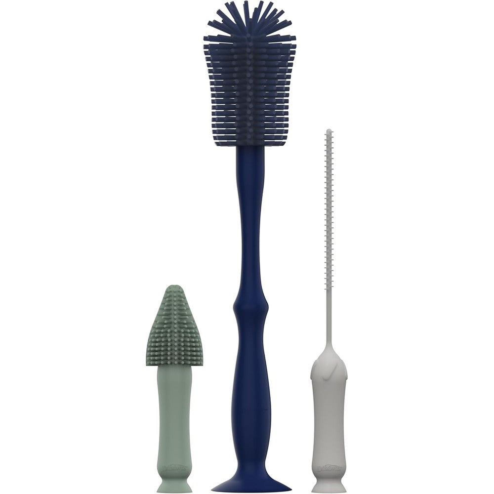 Dr. Brown's silicone cleaning brush set featuring three unique brushes in blue
