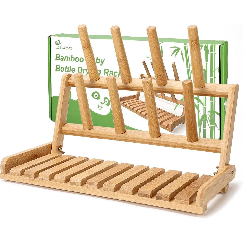 GiftAmaz bamboo baby bottle drying rack front view on kitchen counter