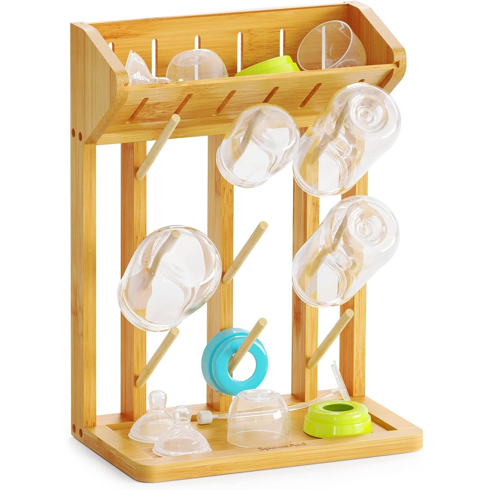 SpaceAid bamboo baby bottle drying rack front view on kitchen counter