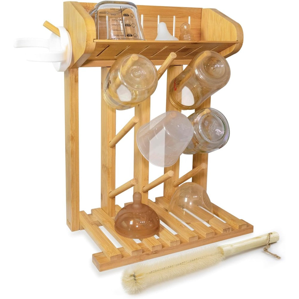Aks B2c bamboo baby bottle drying rack front view on kitchen counter