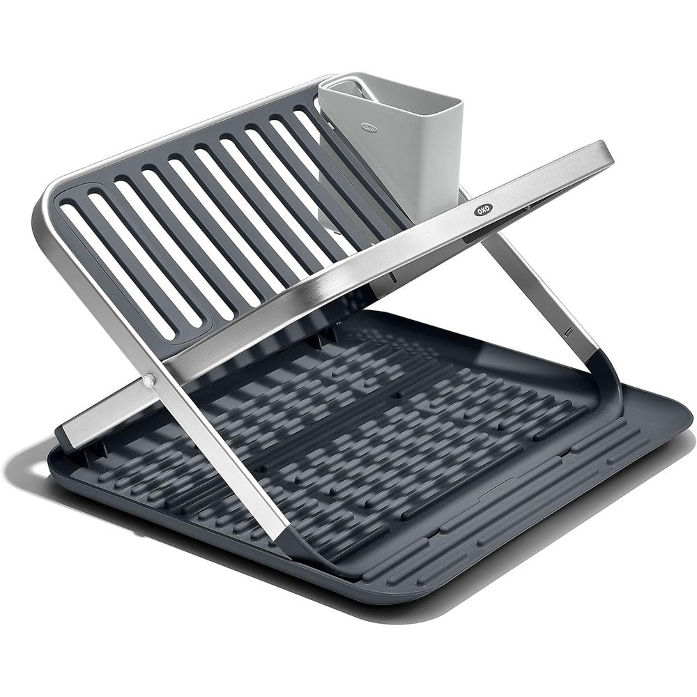 Oxo Good Grips aluminum fold flat dish drying rack front view on kitchen counter