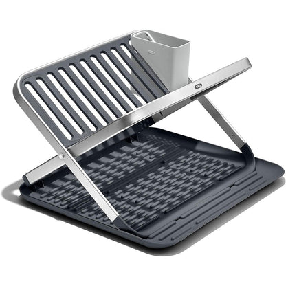Oxo Good Grips aluminum fold flat dish drying rack front view on kitchen counter