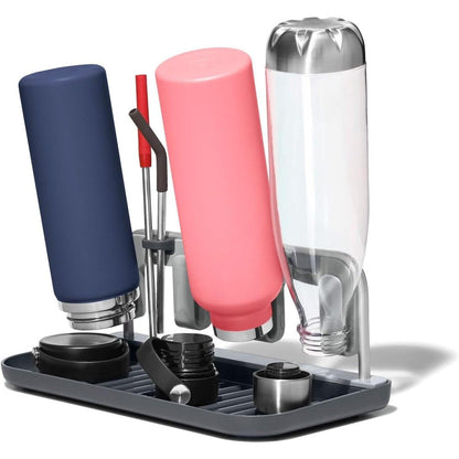 Oxo Good Grips Aluminum Frame Bottle Drying Rack front view on kitchen counter