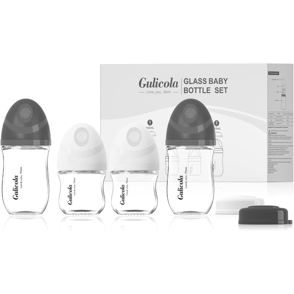 Gulicola natural glass baby bottles newborn set front view showcasing black and white silicone caps