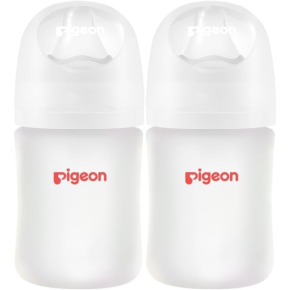 Pigeon silicone coated glass baby bottle front view showing twin pack