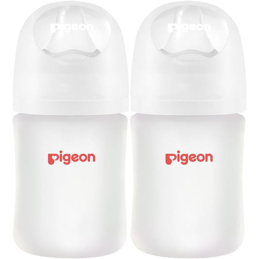 Pigeon silicone coated glass baby bottle front view showing twin pack