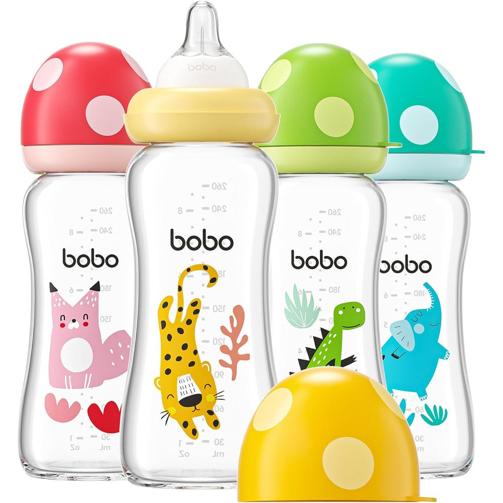 Yohkoh Natural Glass Baby Bottle With Level 2 Medium Flow Nipple And Wide Neck Mushroom Design 8.8 Fluid Ounce Multicolour Pack Of 4 - Image 1