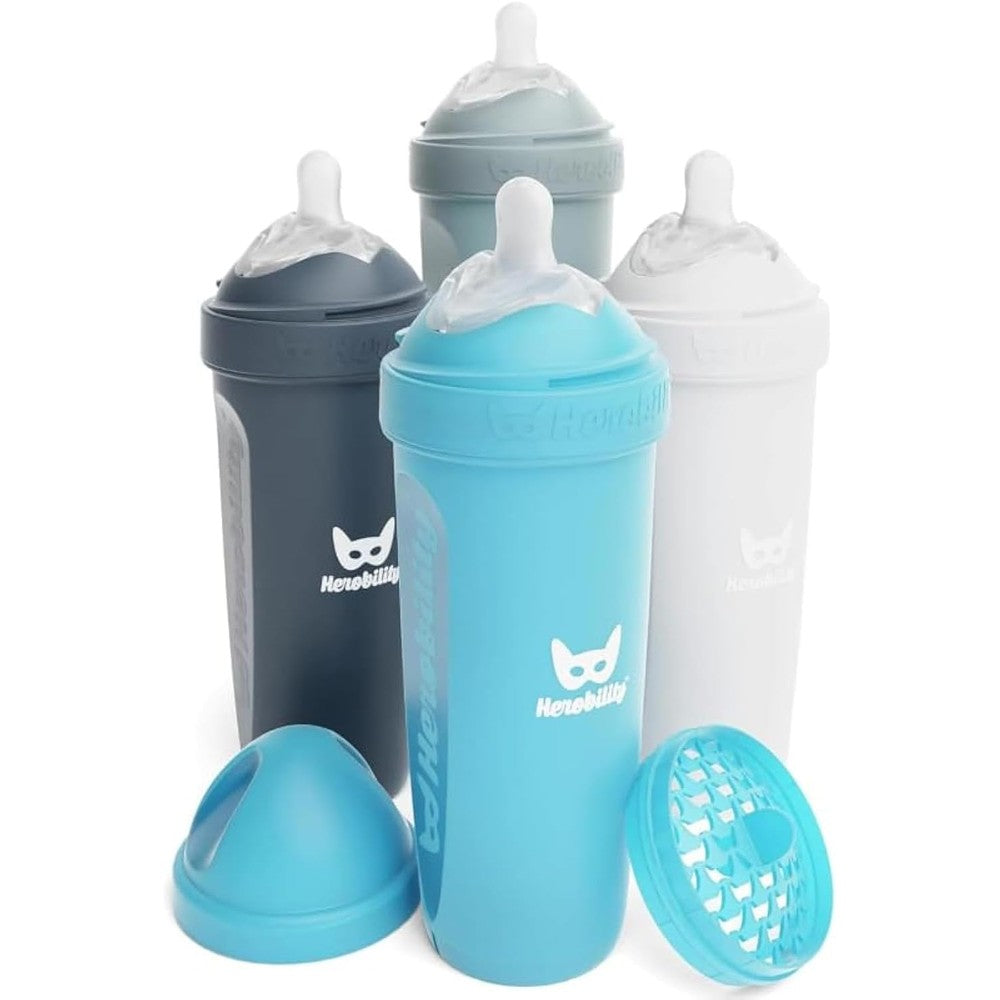 Herobility Anti-Colic Baby Bottles 12 Fluid Ounce 340 Milliliters Pack Of 4 Multicolor White Gray Iron Blue Blue Breast Shaped Teat For Infants - Image 1