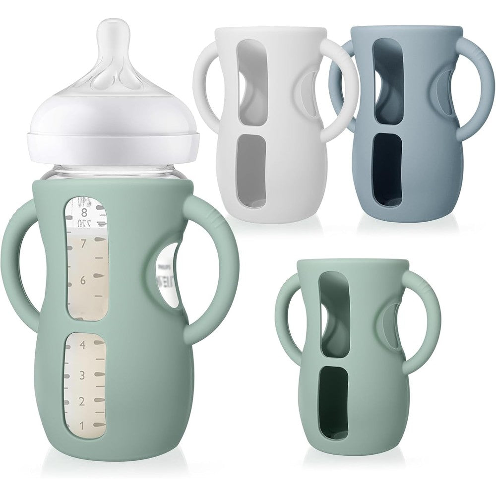 Juome silicone sleeves with handles front view showing three different colored covers for premium baby bottles.