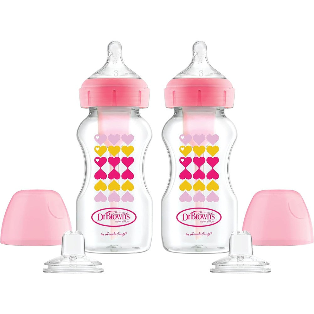 Dr. Brown's Anti-Colic Options Plus Wide Neck Sippy Bottle Starter Kit in pink front view