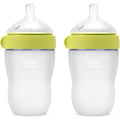 Comotomo silicone baby bottle gen two double pack front view showing the green anti colic feeding bottles.
