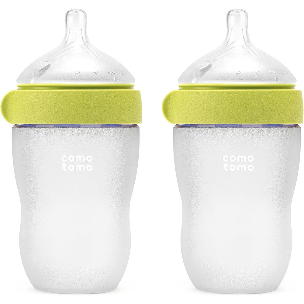 Comotomo silicone baby bottle gen two double pack front view showing the green anti colic feeding bottles.