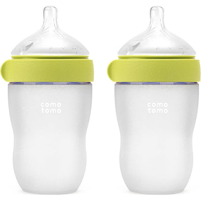 Comotomo silicone baby bottle gen two double pack front view showing the green anti colic feeding bottles.
