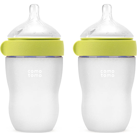Comotomo silicone baby bottle gen two double pack front view showing the green anti colic feeding bottles.