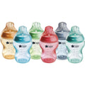 Tommee Tippee Natural Start Anti-Colic Baby Bottle front view showcasing colorful fiesta design and wide neck.