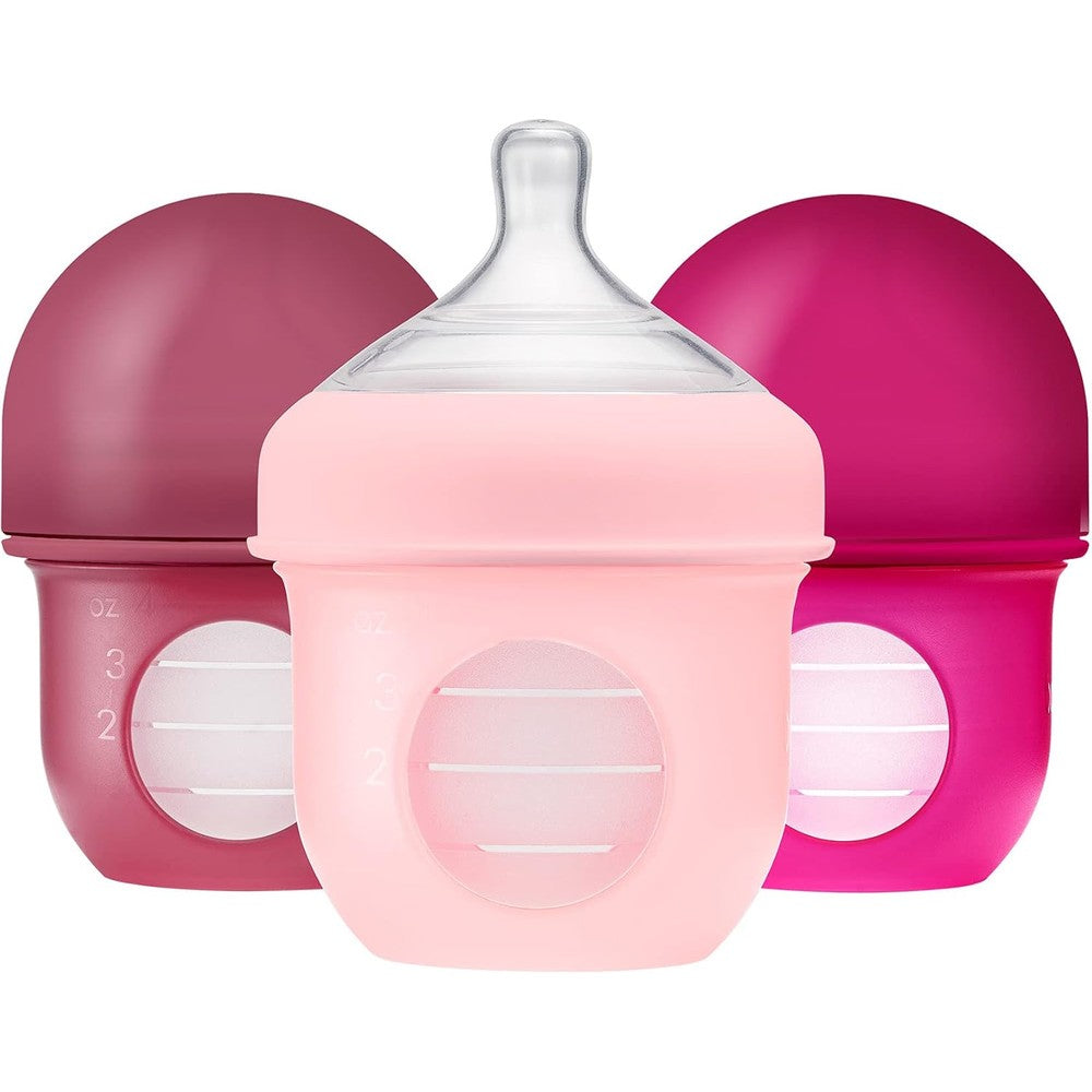 Boon Nursh Reusable Silicone Pouch Baby Bottles Pink 3 Count Front View