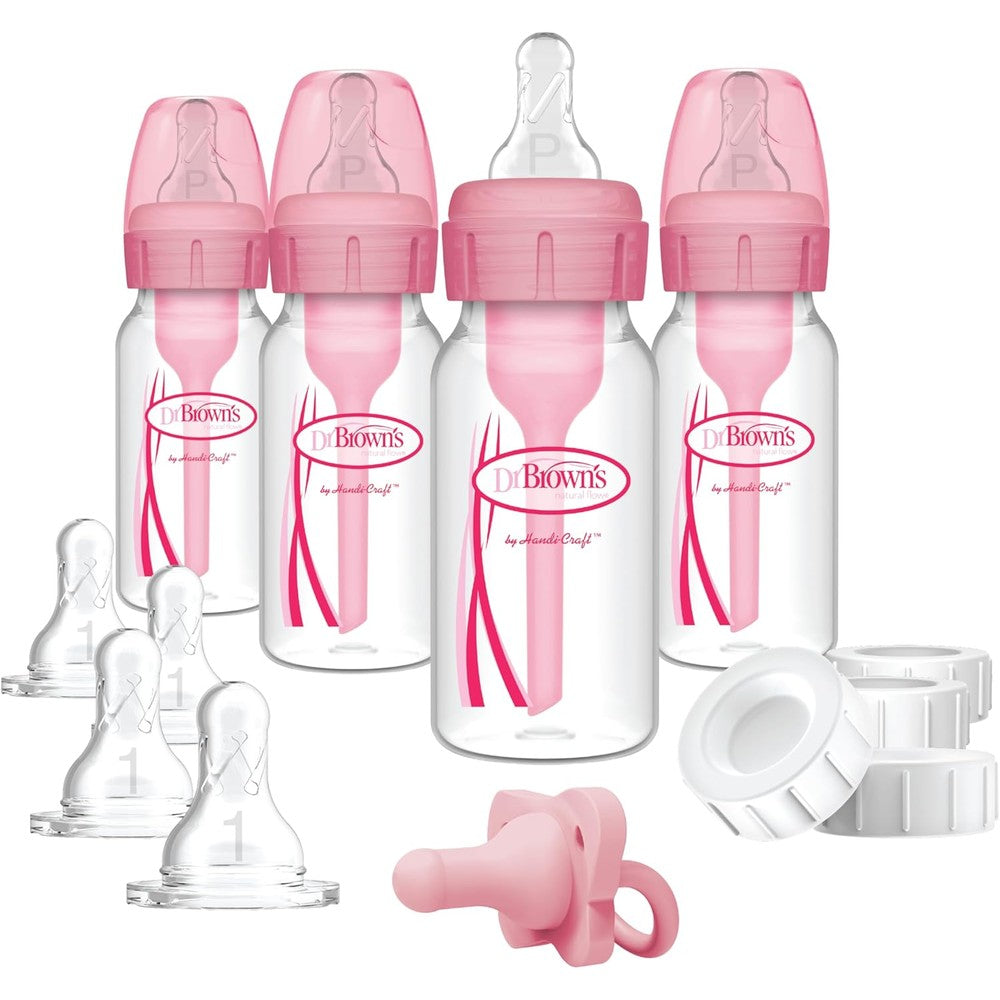 Dr. Brown's anti-colic baby feeding set in pink packaging