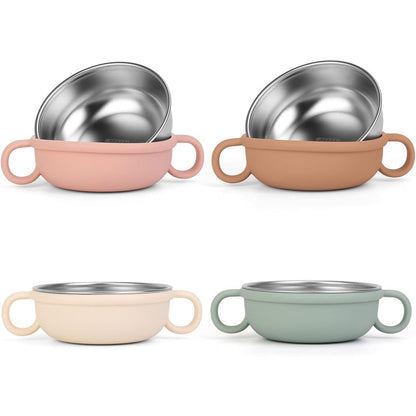 Offkitsly stainless steel baby bowls set of four with silicone handles front view