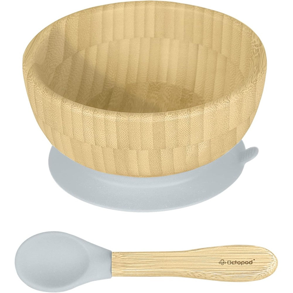 Abiie Octopod bamboo baby bowl set in gray with matching spoon