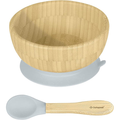 Abiie Octopod bamboo baby bowl set in gray with matching spoon