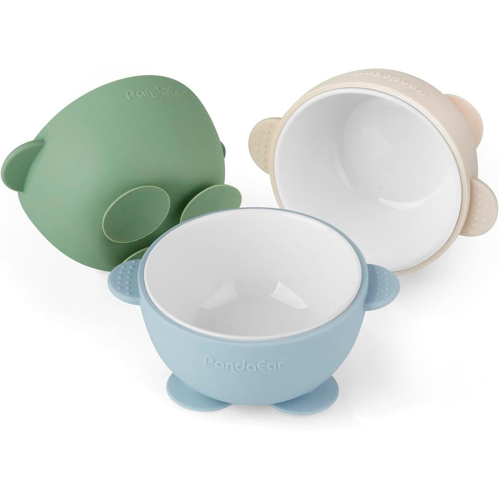 PandaEar 3 Pack ceramic baby bowls with silicone sleeves front view