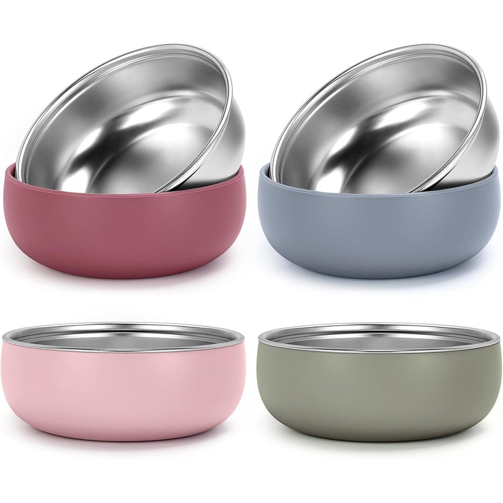 ShineMe stainless steel toddler bowls front view with colorful silicone sleeves