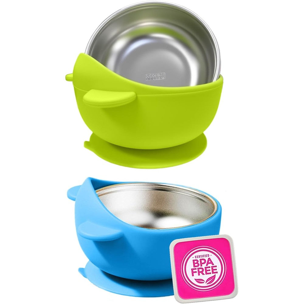 Bantropolis stainless steel baby bowl with green suction base front view