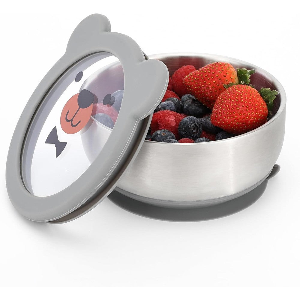 Amplin Mr. Chou stainless steel baby bowl with gray bear lid front view