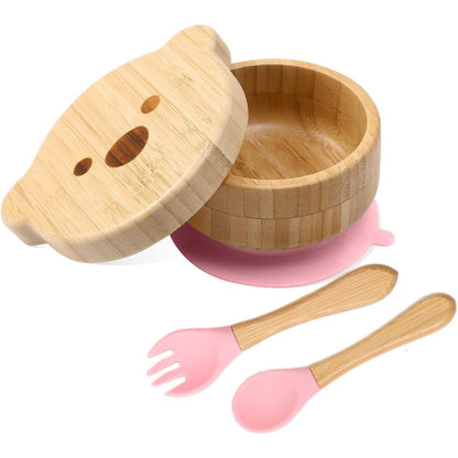 Hi Baby Moment bamboo suction bowl with bear lid in pink