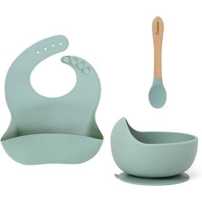 Ginbear silicone baby feeding set front view in hazy green color.