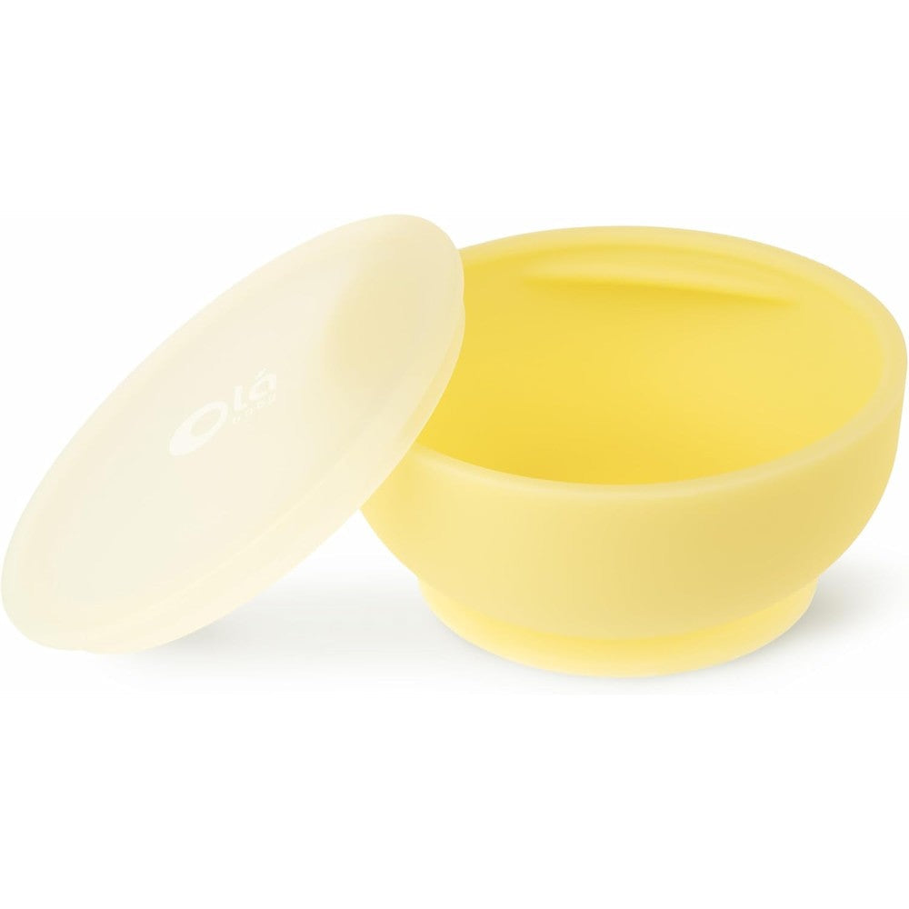 Olababy 100 Percent Silicone Suction Bowl with lid in lemon yellow front view