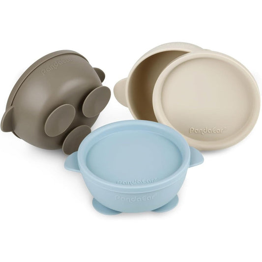 PandaEar 3 pack baby suction bowls with lids front view