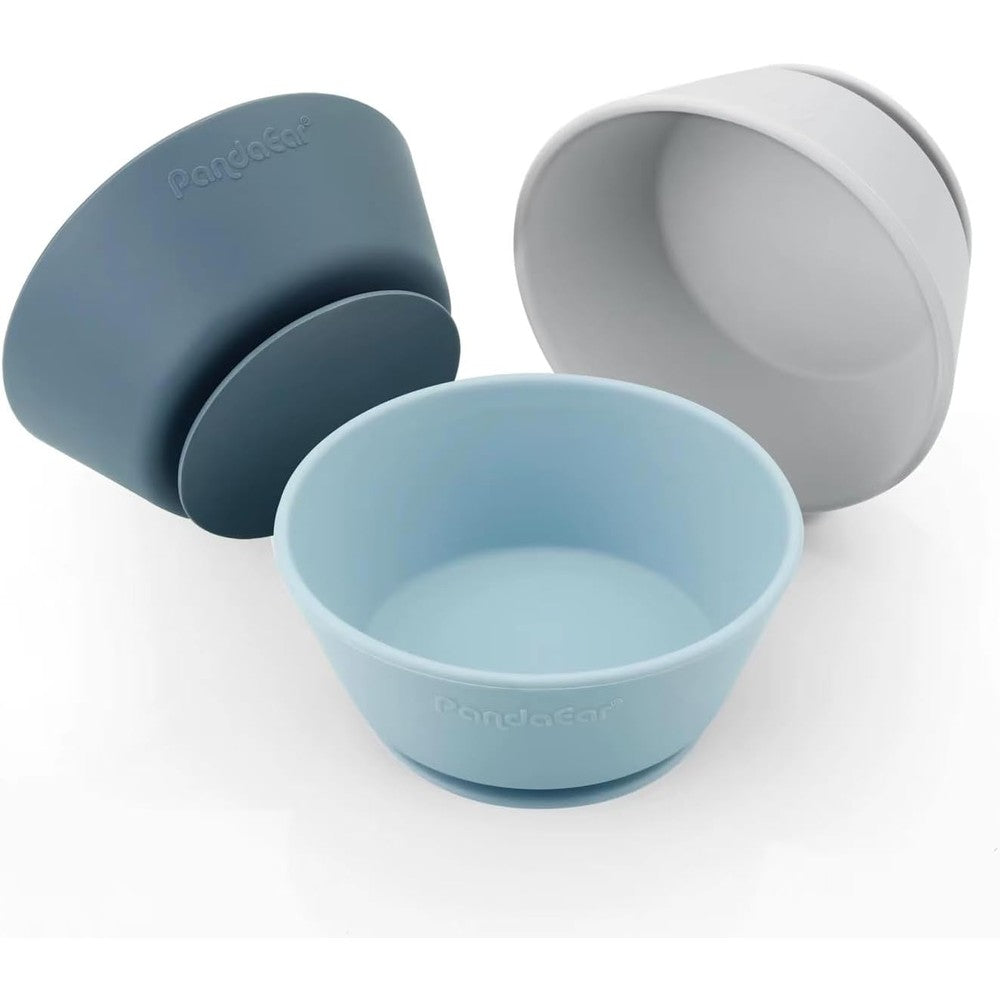 PandaEar 3 Pack Baby Suction Bowls in blue and gray front view