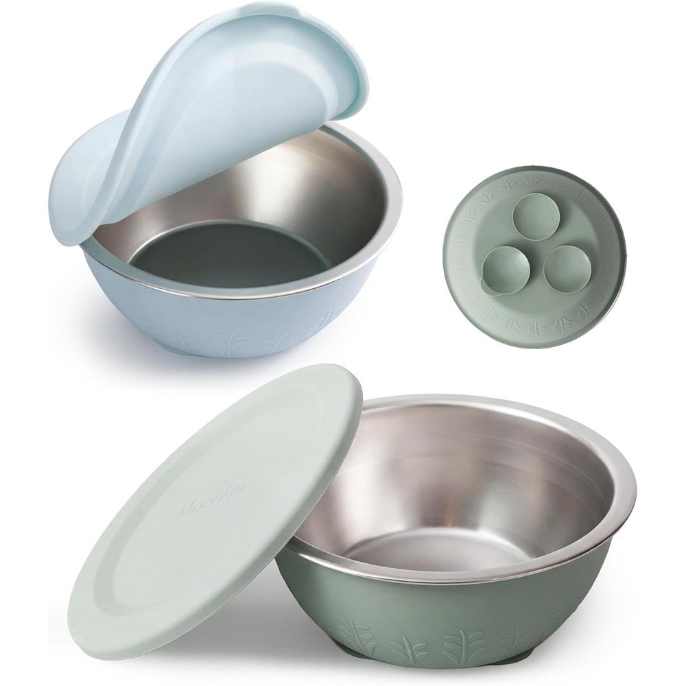Moonkie stainless steel baby suction bowls with lids front view