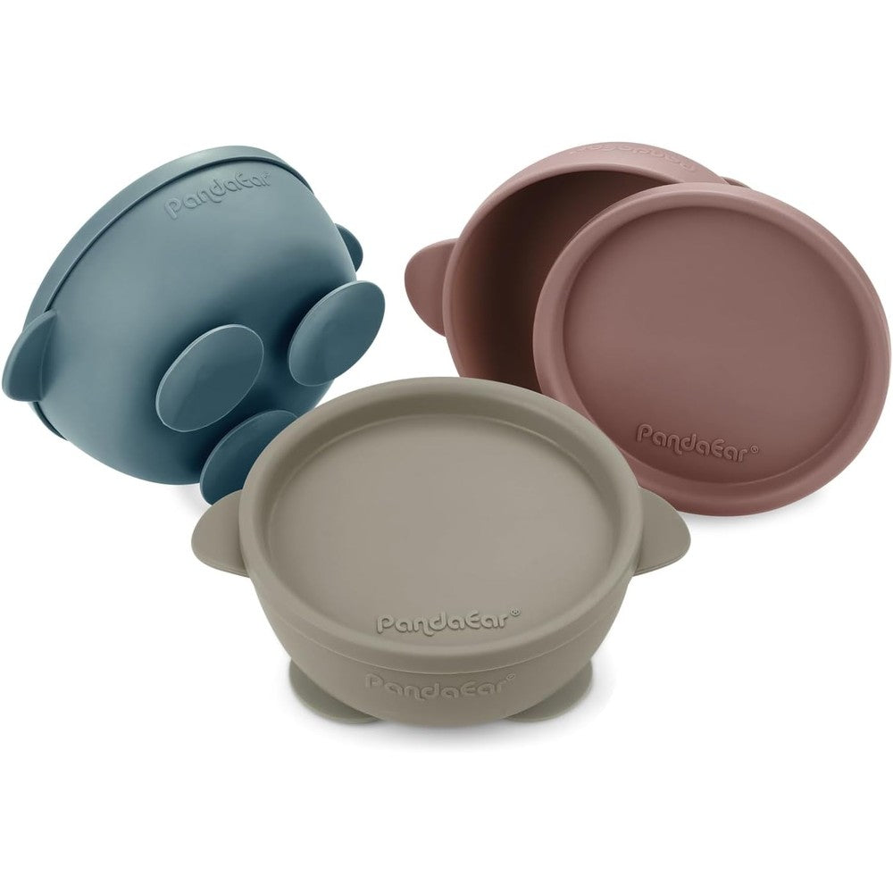 PandaEar 3 pack baby suction bowls with lids in muted earth tones front view