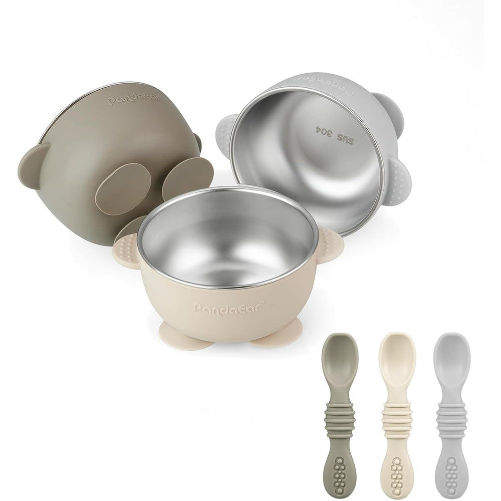 PandaEar stainless steel suction baby bowls set front view
