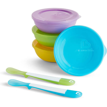 Munchkin Love-A-Bowls 10-piece baby feeding set with colorful bowls and spoons
