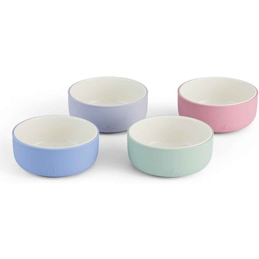 Elk and Friends kids porcelain bowls with silicone sleeves front view