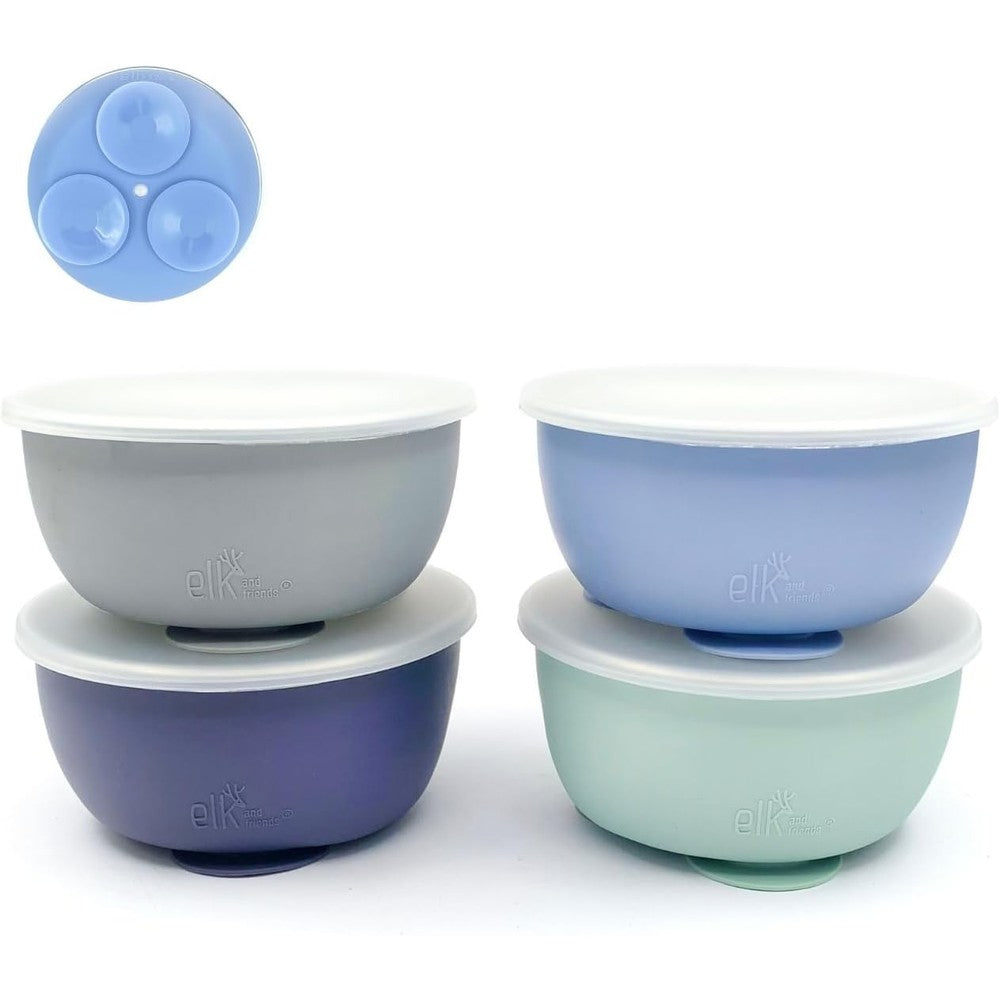 Elk and Friends stainless steel baby bowls with silicone suction sleeves front view
