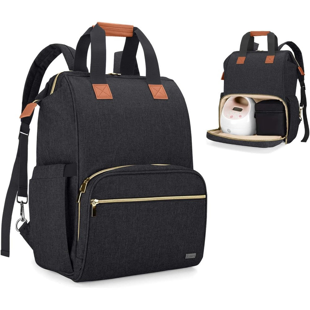 Teamoy Breast Pump Bag front view in black nylon with gold zippers