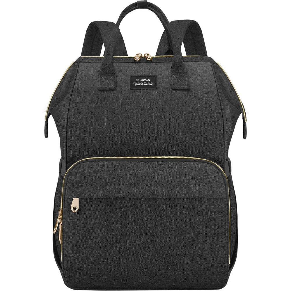 Curmio breast pump bag backpack front view in black with gold zippers